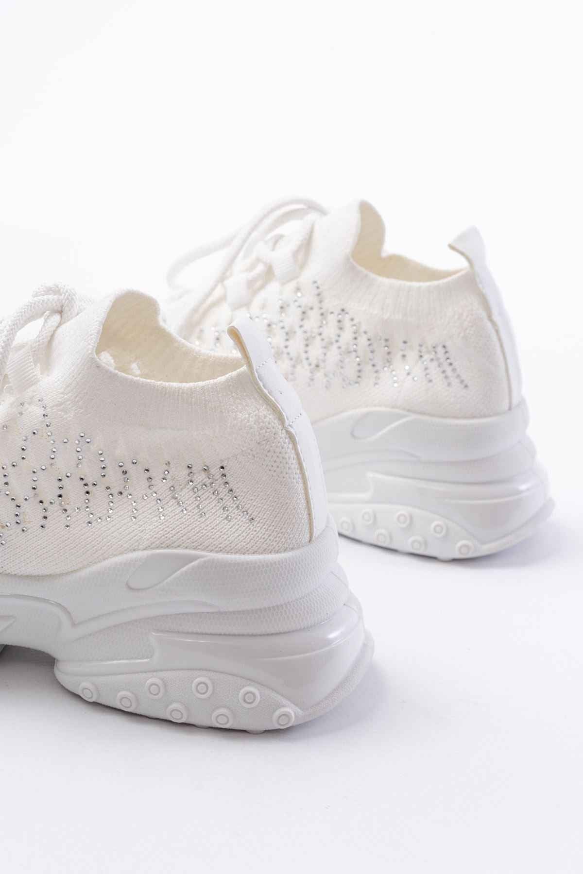 Ayakkabı Aşkı Sp-2024 Beyaz Günlük Bağcıklı Fileli Taş Aksesuarlı Kadın Spor Ayakkabı