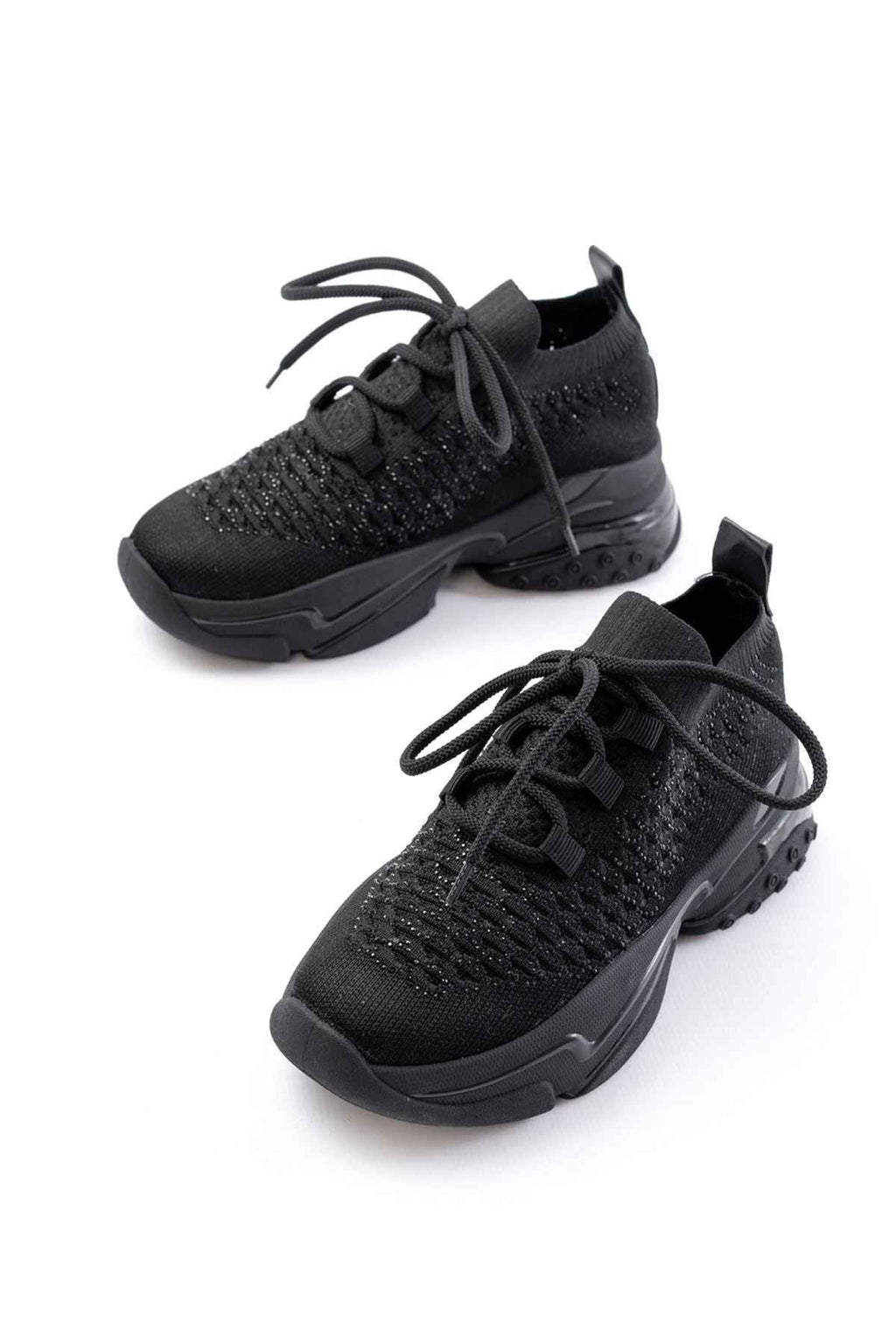 Ayakkabı Aşkı Sp-2024 Siyah Günlük Bağcıklı Fileli Taş Aksesuarlı Kadın Spor Ayakkabı