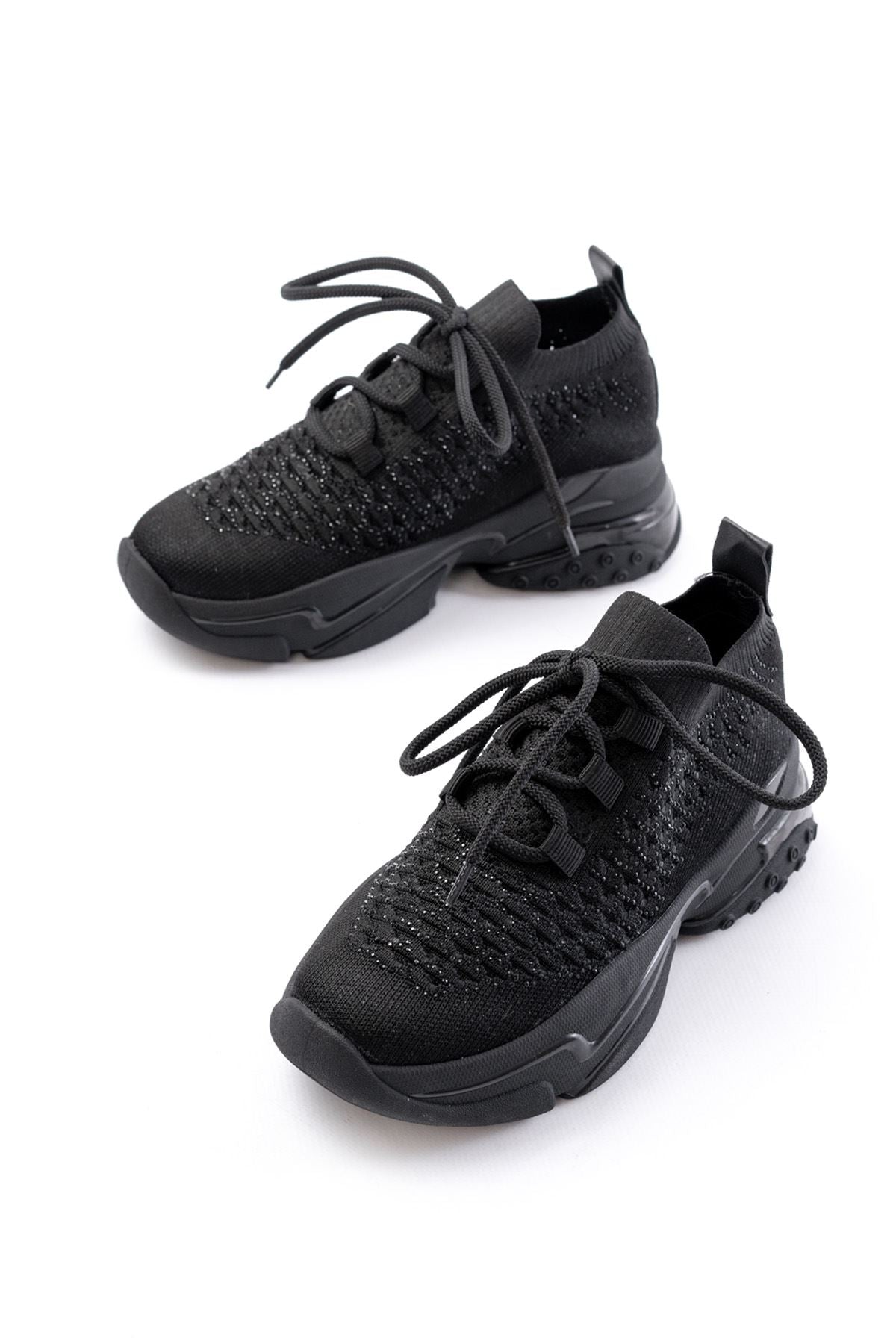Ayakkabı Aşkı Siyah Günlük Bağcıklı Fileli Taş Aksesuarlı Kadın Spor Ayakkabı