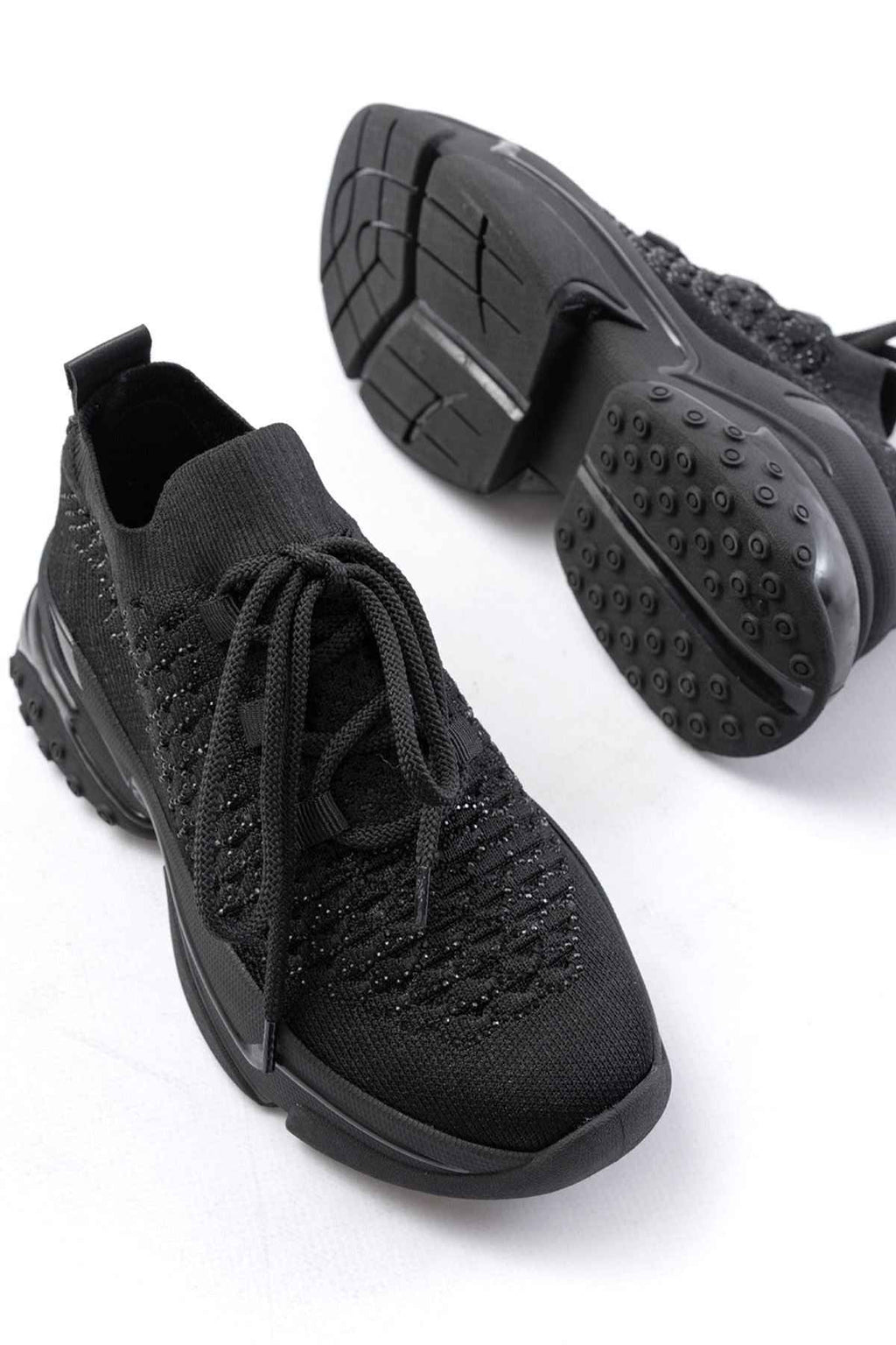 Ayakkabı Aşkı Sp-2024 Siyah Günlük Bağcıklı Fileli Taş Aksesuarlı Kadın Spor Ayakkabı