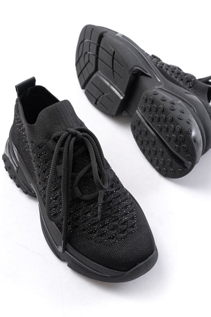Ayakkabı Aşkı Siyah Günlük Bağcıklı Fileli Taş Aksesuarlı Kadın Spor Ayakkabı