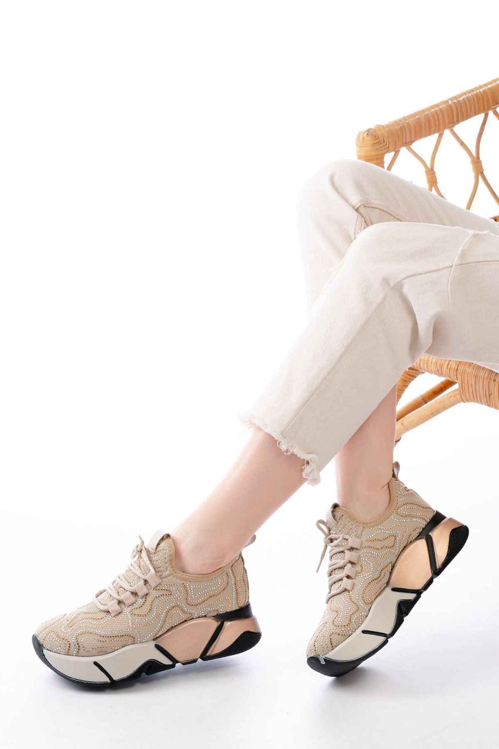 Ayakkabı Aşkı Rs-402 Bej Bağcıklı Fileli Taşlı Renkli Taban Günlük Kadın Spor