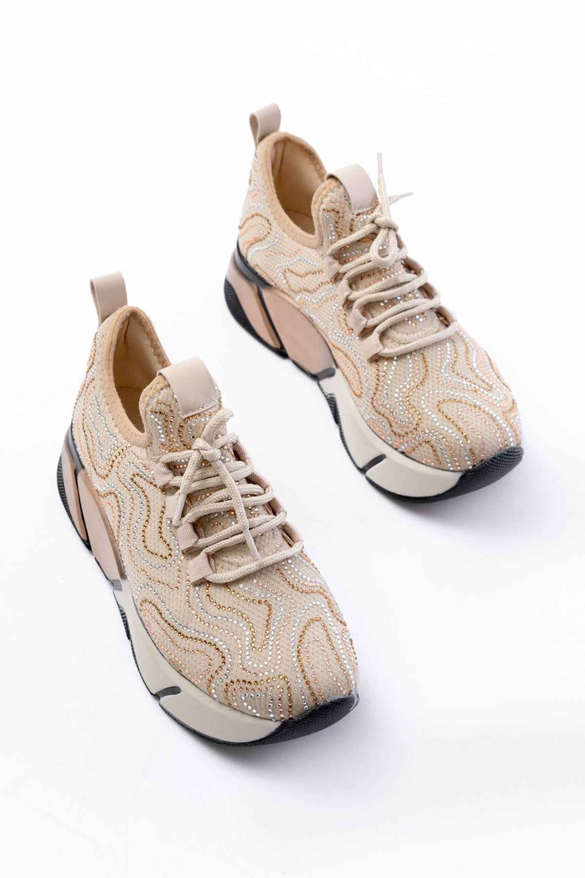 Ayakkabı Aşkı Rs-402 Bej Bağcıklı Fileli Taşlı Renkli Taban Günlük Kadın Spor