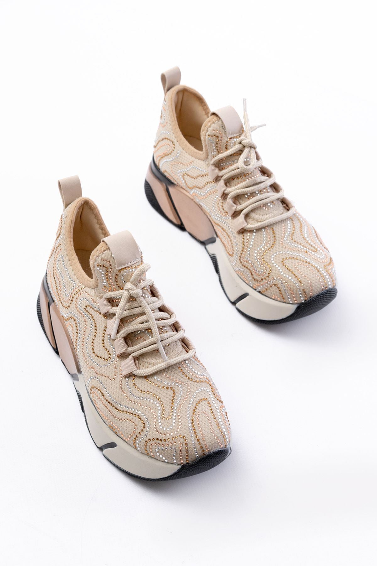 Ayakkabı Aşkı Bej Bağcıklı Fileli Taşlı Renkli Taban Günlük Kadın Spor - Ayakkabı Aşkı