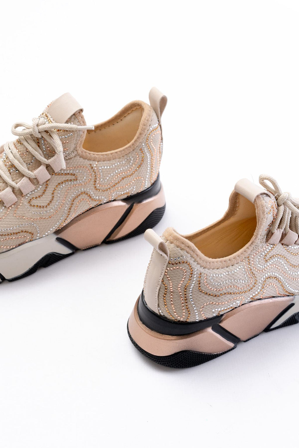Ayakkabı Aşkı Bej Bağcıklı Fileli Taşlı Renkli Taban Günlük Kadın Spor - Ayakkabı Aşkı