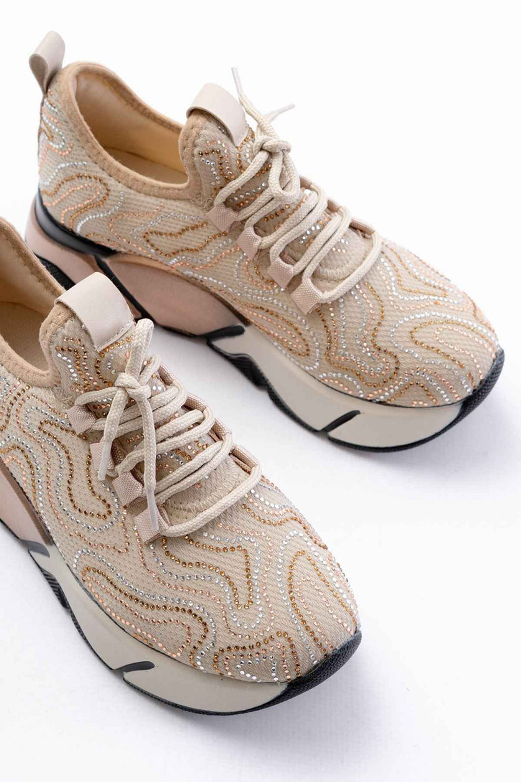 Ayakkabı Aşkı Rs-402 Bej Bağcıklı Fileli Taşlı Renkli Taban Günlük Kadın Spor