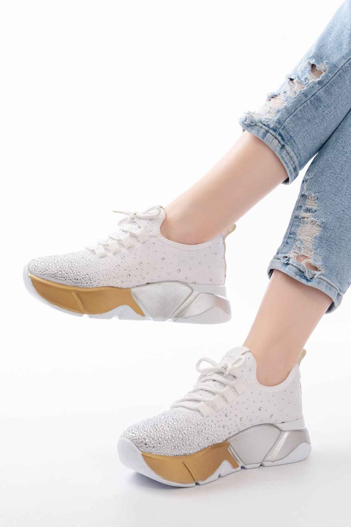 Ayakkabı Aşkı Rs-403  Beyaz Bağcıklı Fileli Gümüş Taşlı Günlük Kadın Spor