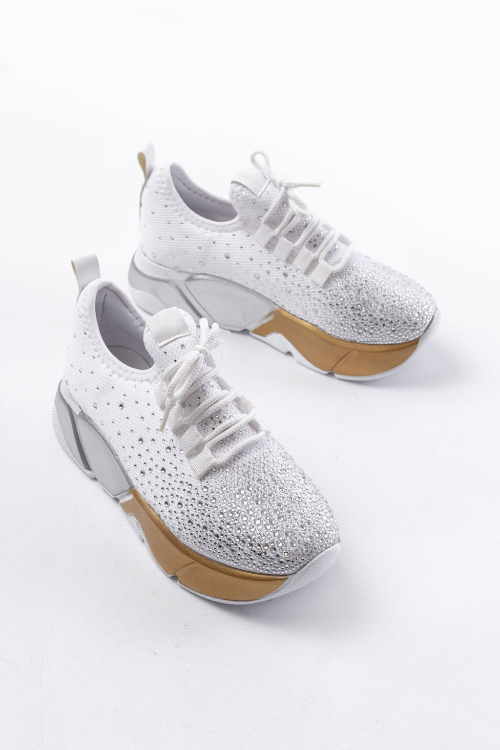 Ayakkabı Aşkı Beyaz Bağcıklı Fileli Gümüş Taşlı Günlük Kadın Spor - Ayakkabı Aşkı
