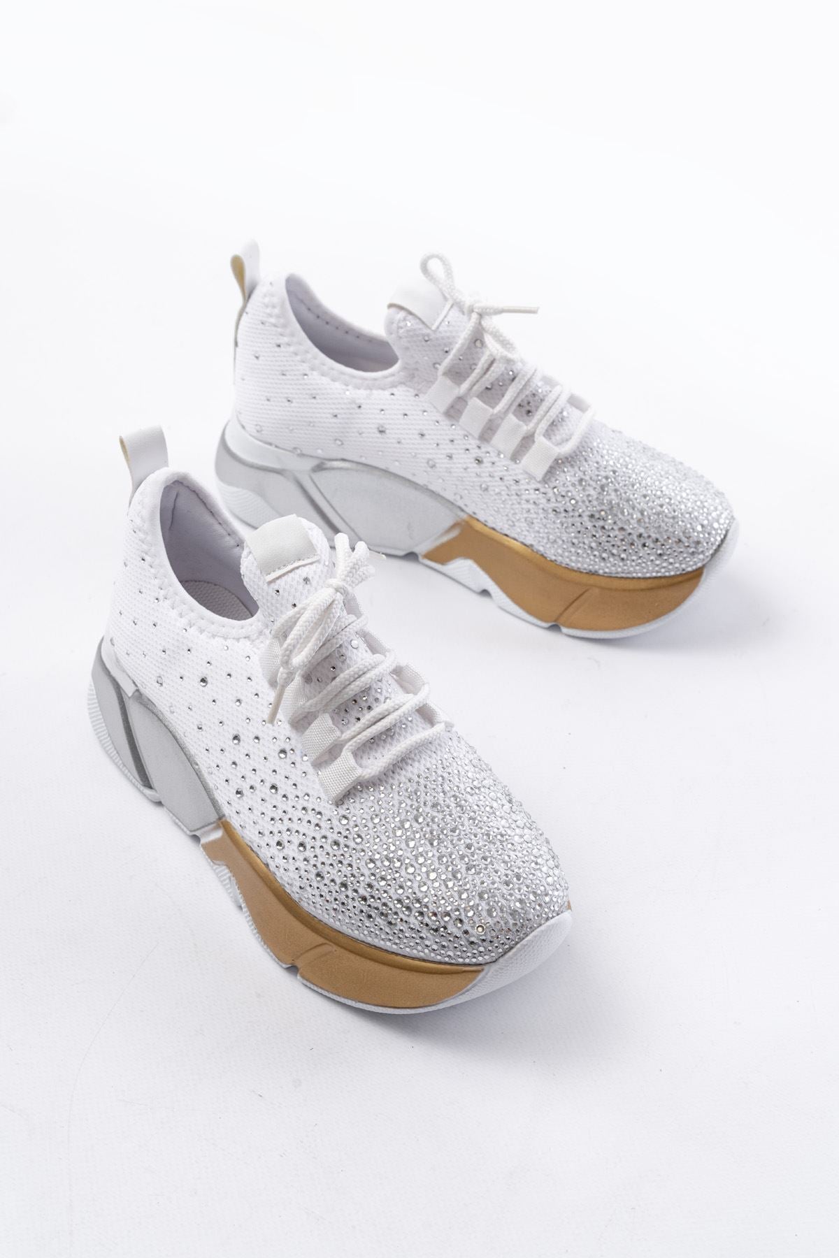 Ayakkabı Aşkı Beyaz Bağcıklı Fileli Gümüş Taşlı Günlük Kadın Spor - Ayakkabı Aşkı