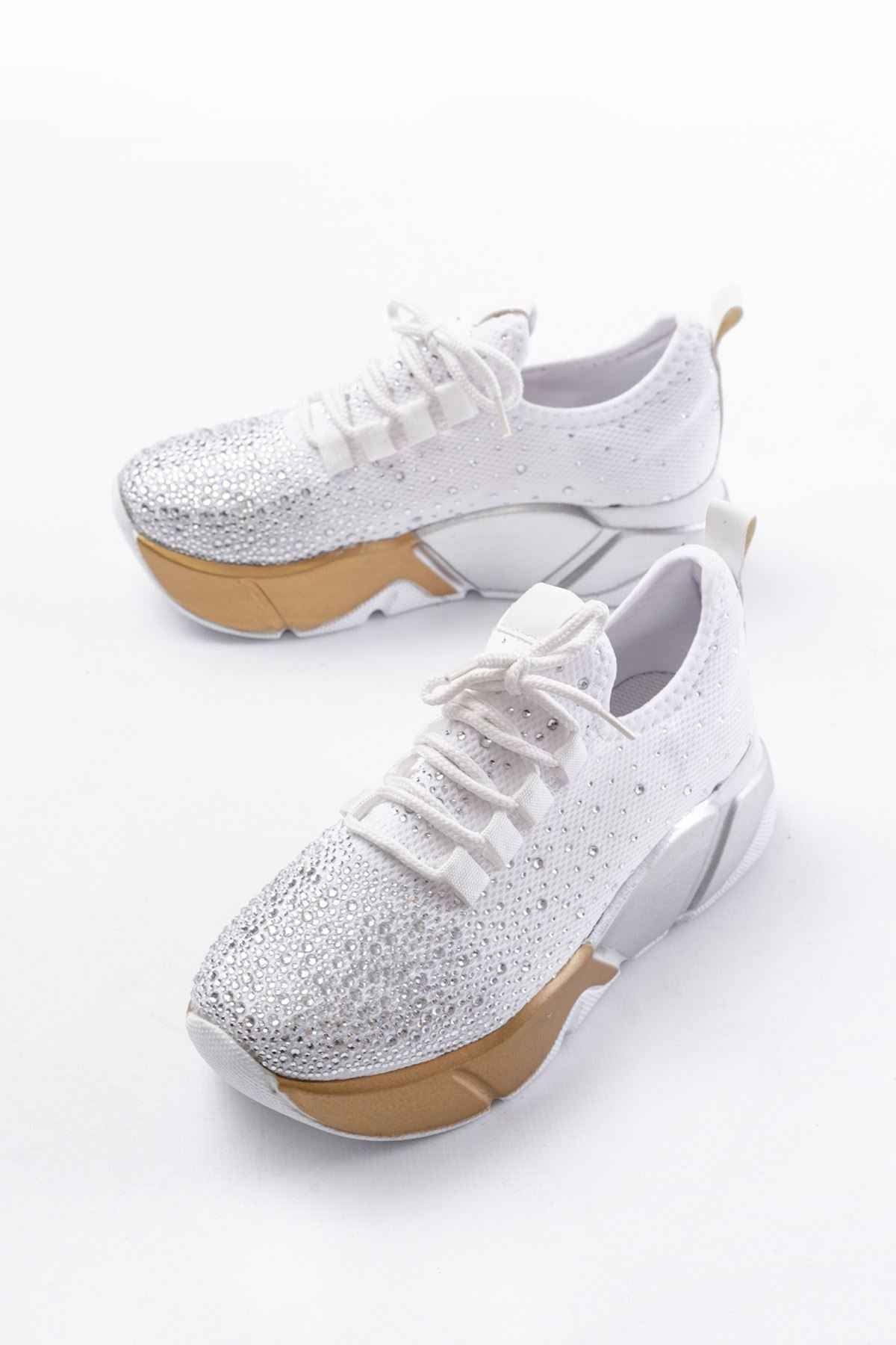 Ayakkabı Aşkı Rs-403  Beyaz Bağcıklı Fileli Gümüş Taşlı Günlük Kadın Spor
