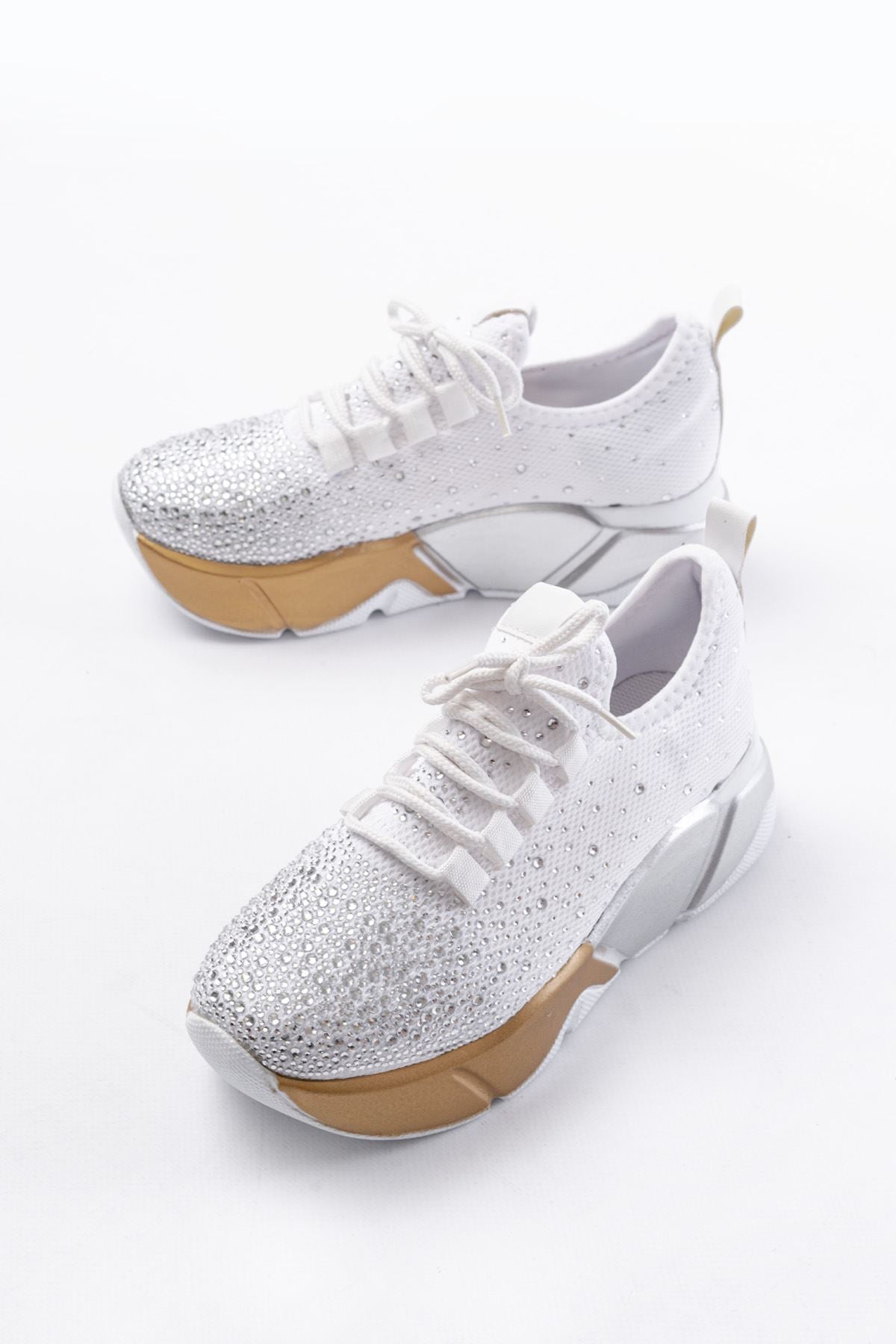 Ayakkabı Aşkı Beyaz Bağcıklı Fileli Gümüş Taşlı Günlük Kadın Spor - Ayakkabı Aşkı