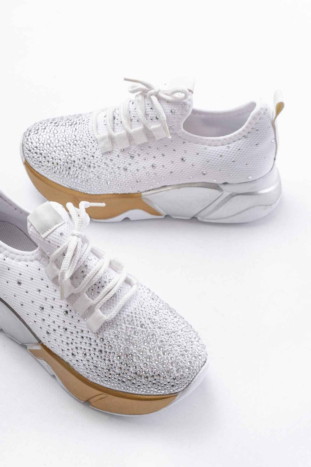 Ayakkabı Aşkı Rs-403  Beyaz Bağcıklı Fileli Gümüş Taşlı Günlük Kadın Spor