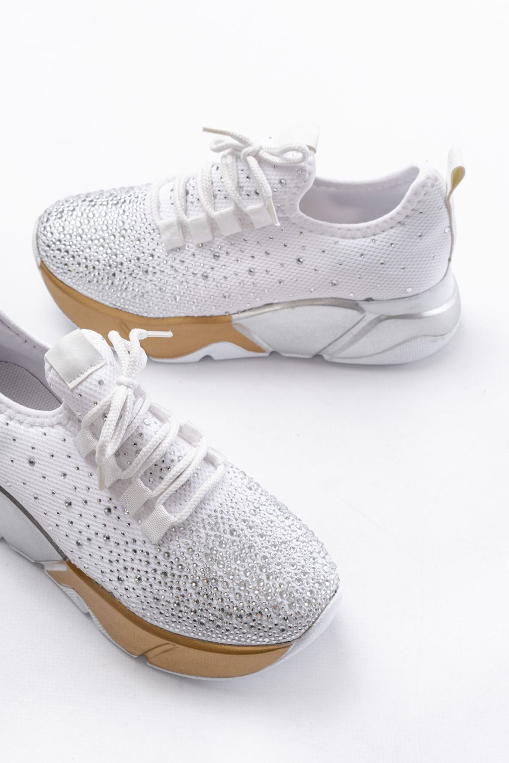 Ayakkabı Aşkı Beyaz Bağcıklı Fileli Gümüş Taşlı Günlük Kadın Spor - Ayakkabı Aşkı