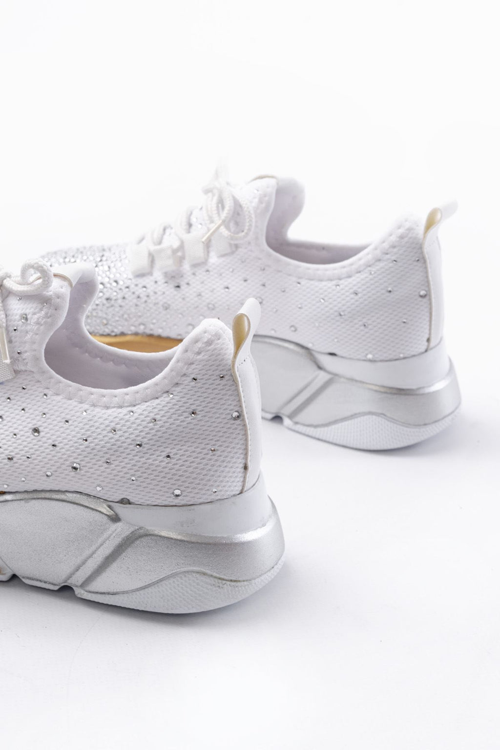 Ayakkabı Aşkı Beyaz Bağcıklı Fileli Gümüş Taşlı Günlük Kadın Spor - Ayakkabı Aşkı