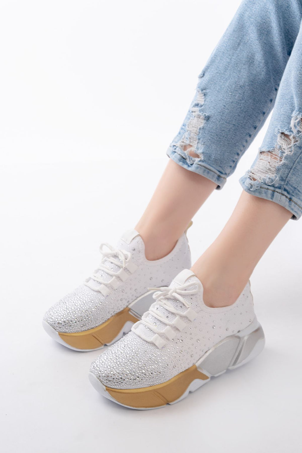 Ayakkabı Aşkı Beyaz Bağcıklı Fileli Gümüş Taşlı Günlük Kadın Spor - Ayakkabı Aşkı
