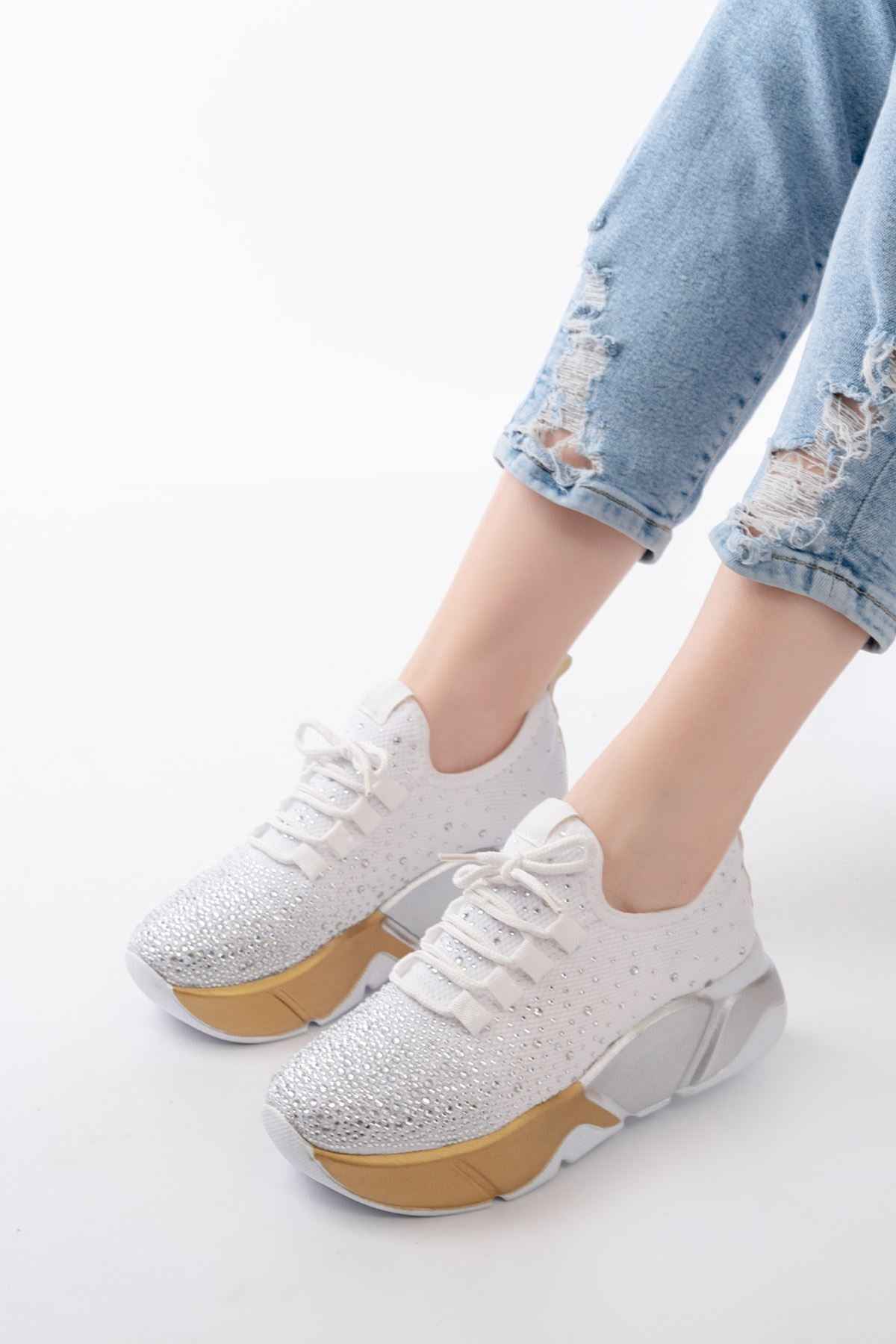 Ayakkabı Aşkı Rs-403  Beyaz Bağcıklı Fileli Gümüş Taşlı Günlük Kadın Spor