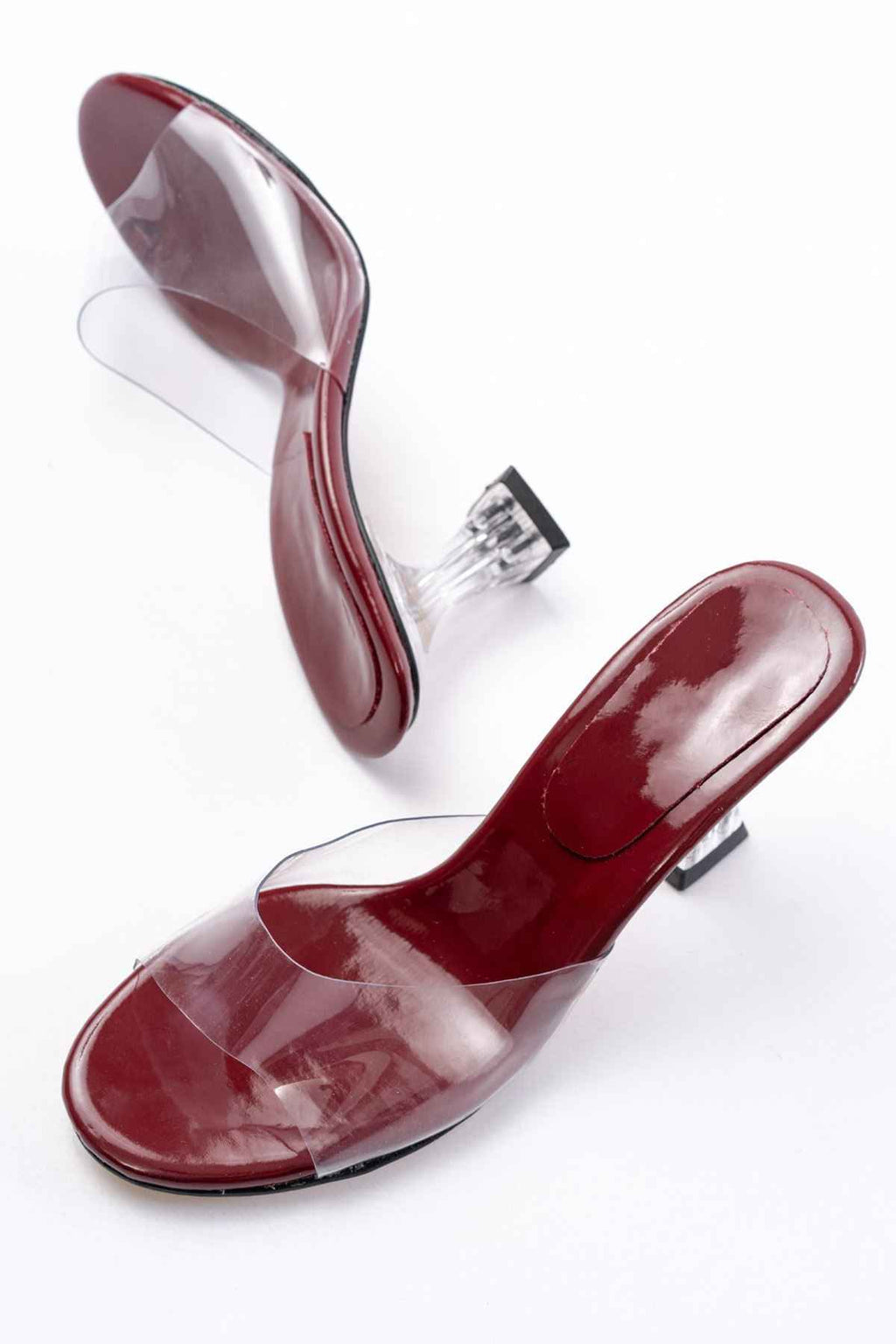 Ayakkabı Aşkı S-619 Bordo Rugan Şeffaf Bantlı Şeffaf Topuklu Yuvarlak Burunlu Kadın Terlik