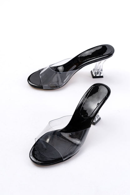 Ayakkabı Aşkı Siyah Rugan Şeffaf Bantlı Şeffaf Topuklu Yuvarlak Burunlu Kadın Terlik