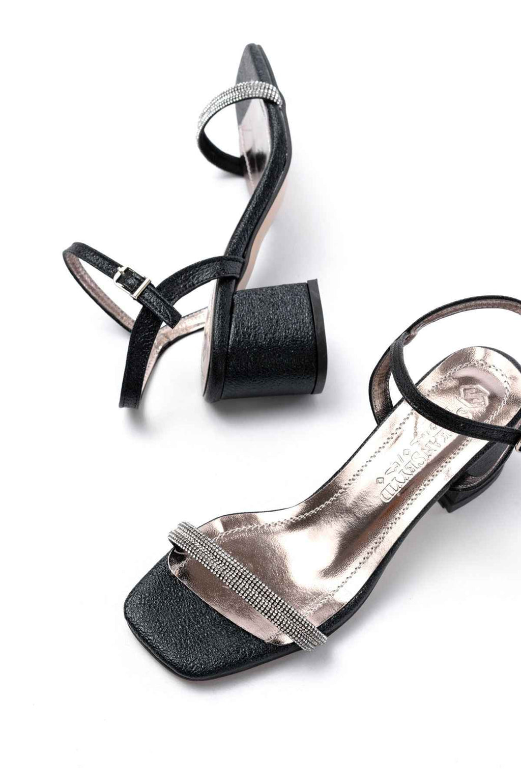 Ayakkabı Aşkı S-890 Siyah Çift Bantlı Taşlı Kalın Topuklu Kadın Ayakkabı