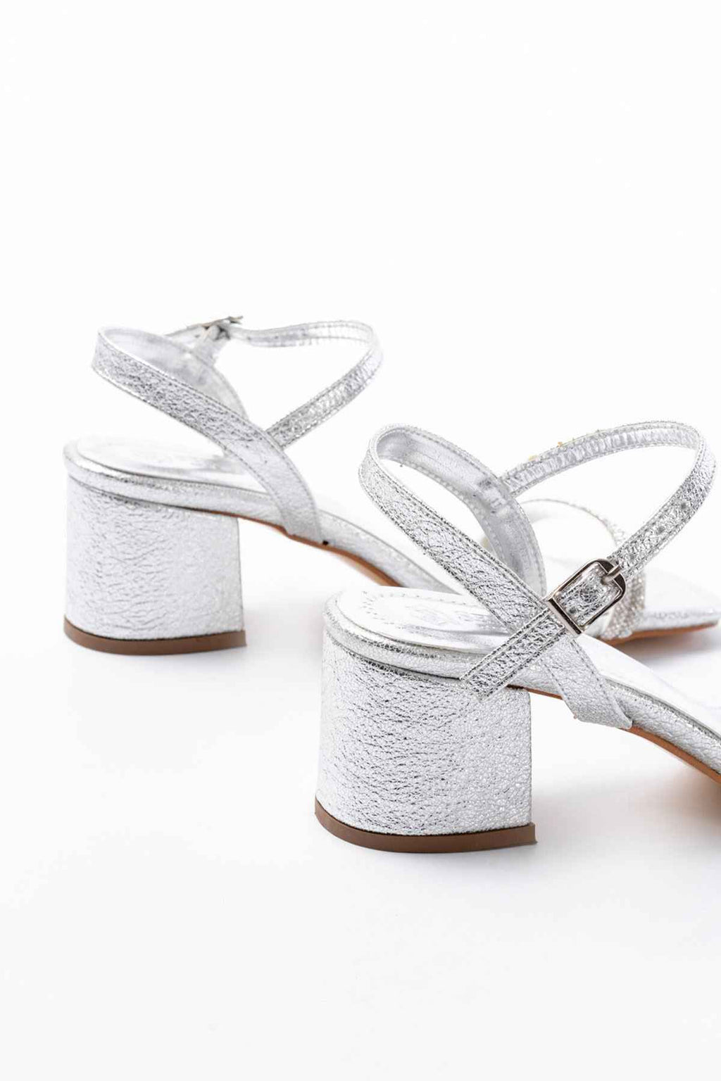 Ayakkabı Aşkı S-890 Gümüş Çift Bantlı Taşlı Kalın Topuklu Kadın Ayakkabı