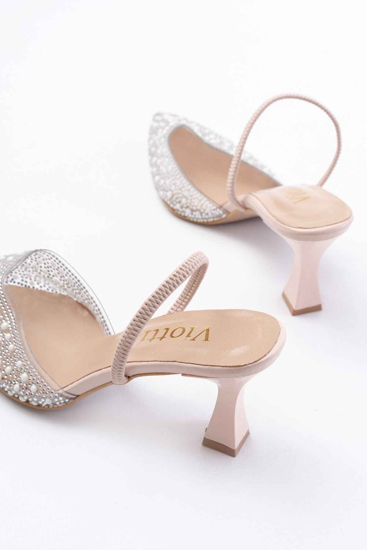 Ayakkabı Aşkı V-1005 Bej Günlük Arkası Açık Taşlı Topuklu Bayan Ayakkabı