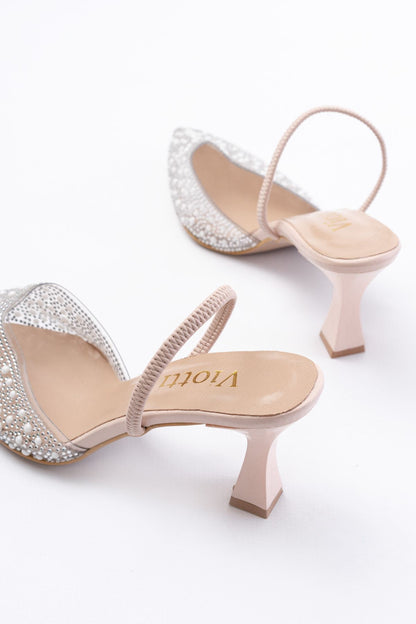 Ayakkabı Aşkı Bej Günlük Arkası Açık Taşlı Topuklu Bayan Ayakkabı