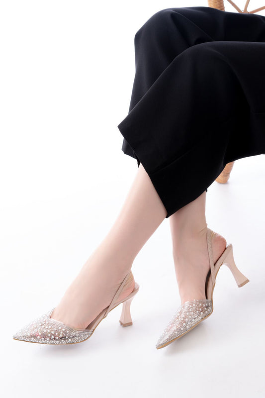 V-1005 Bej Günlük Arkası Açık Taşlı Topuklu Bayan Ayakkabı - Bej