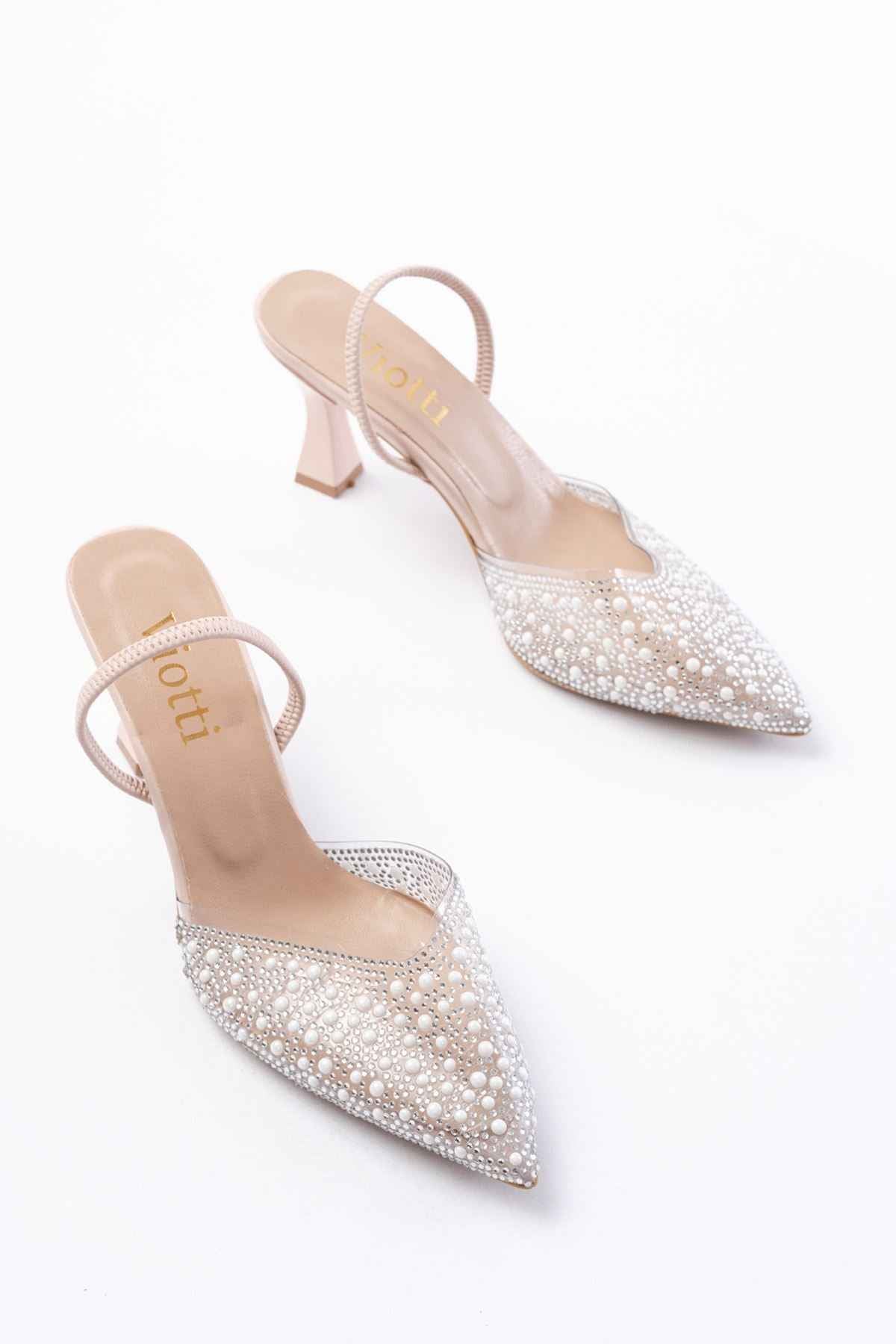 Ayakkabı Aşkı V-1005 Bej Günlük Arkası Açık Taşlı Topuklu Bayan Ayakkabı