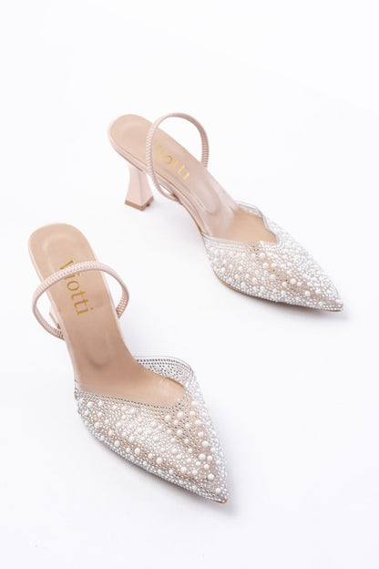 Ayakkabı Aşkı Bej Günlük Arkası Açık Taşlı Topuklu Bayan Ayakkabı