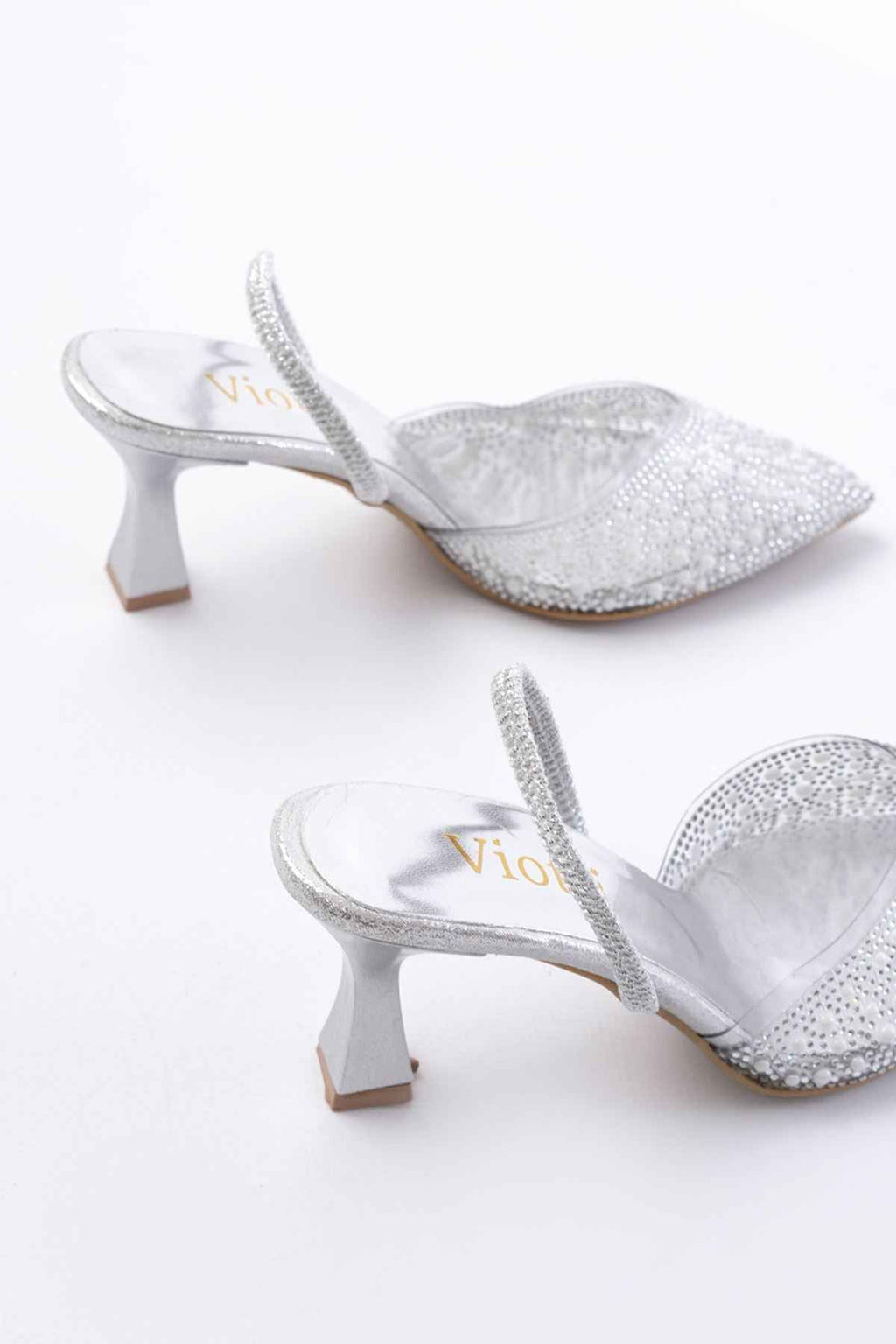 Ayakkabı Aşkı V-1005 Gümüş Günlük Arkası Açık Taşlı Topuklu Bayan Ayakkabı