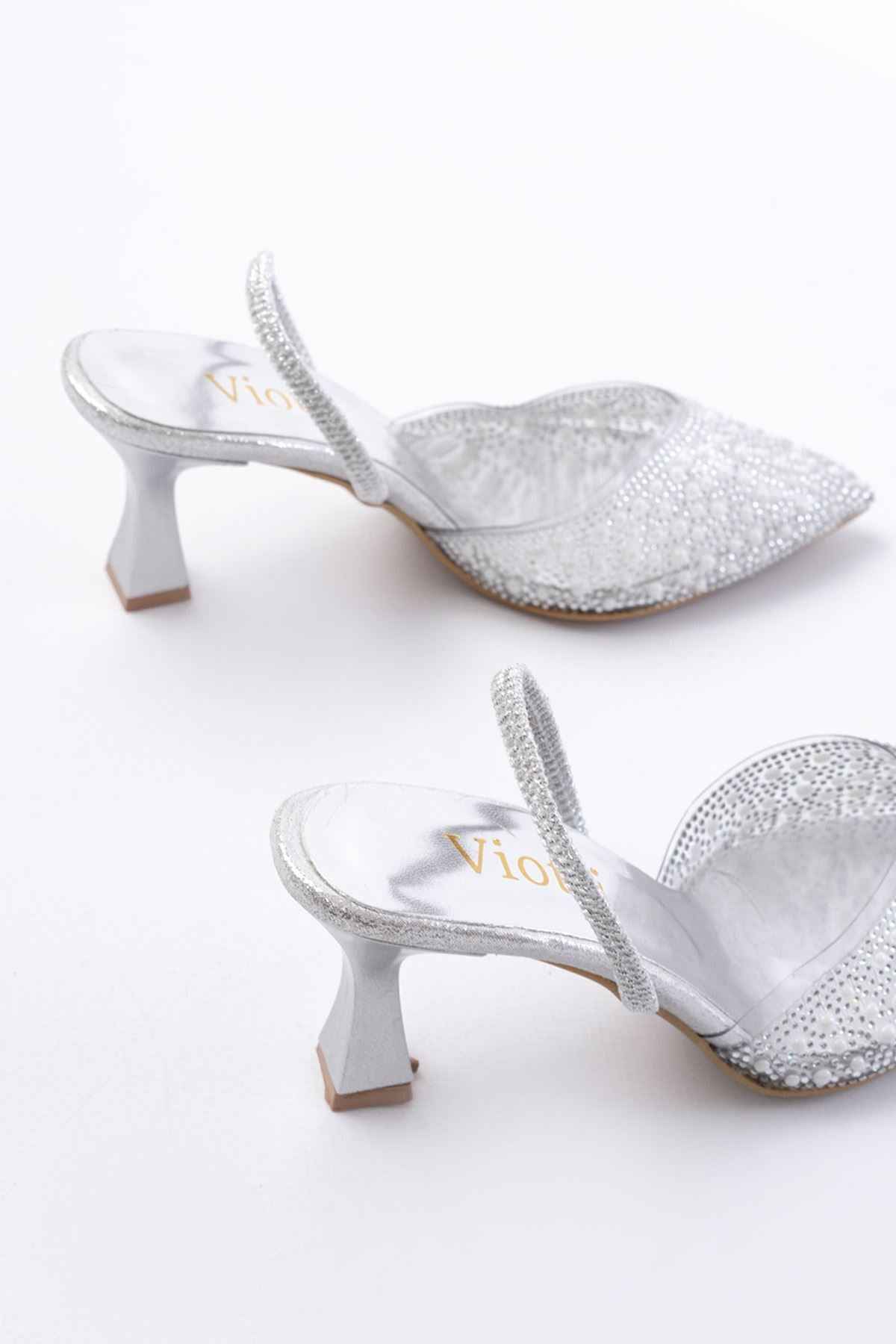 Ayakkabı Aşkı V-1005 Gümüş Günlük Arkası Açık Taşlı Topuklu Bayan Ayakkabı