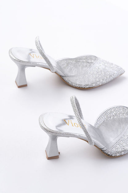 Ayakkabı Aşkı Gümüş Günlük Arkası Açık Taşlı Topuklu Bayan Ayakkabı