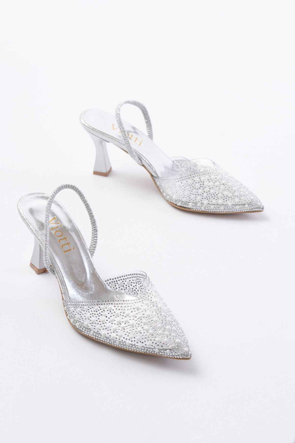 Ayakkabı Aşkı V-1005 Gümüş Günlük Arkası Açık Taşlı Topuklu Bayan Ayakkabı