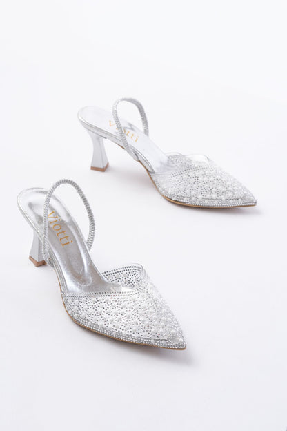 Ayakkabı Aşkı Gümüş Günlük Arkası Açık Taşlı Topuklu Bayan Ayakkabı