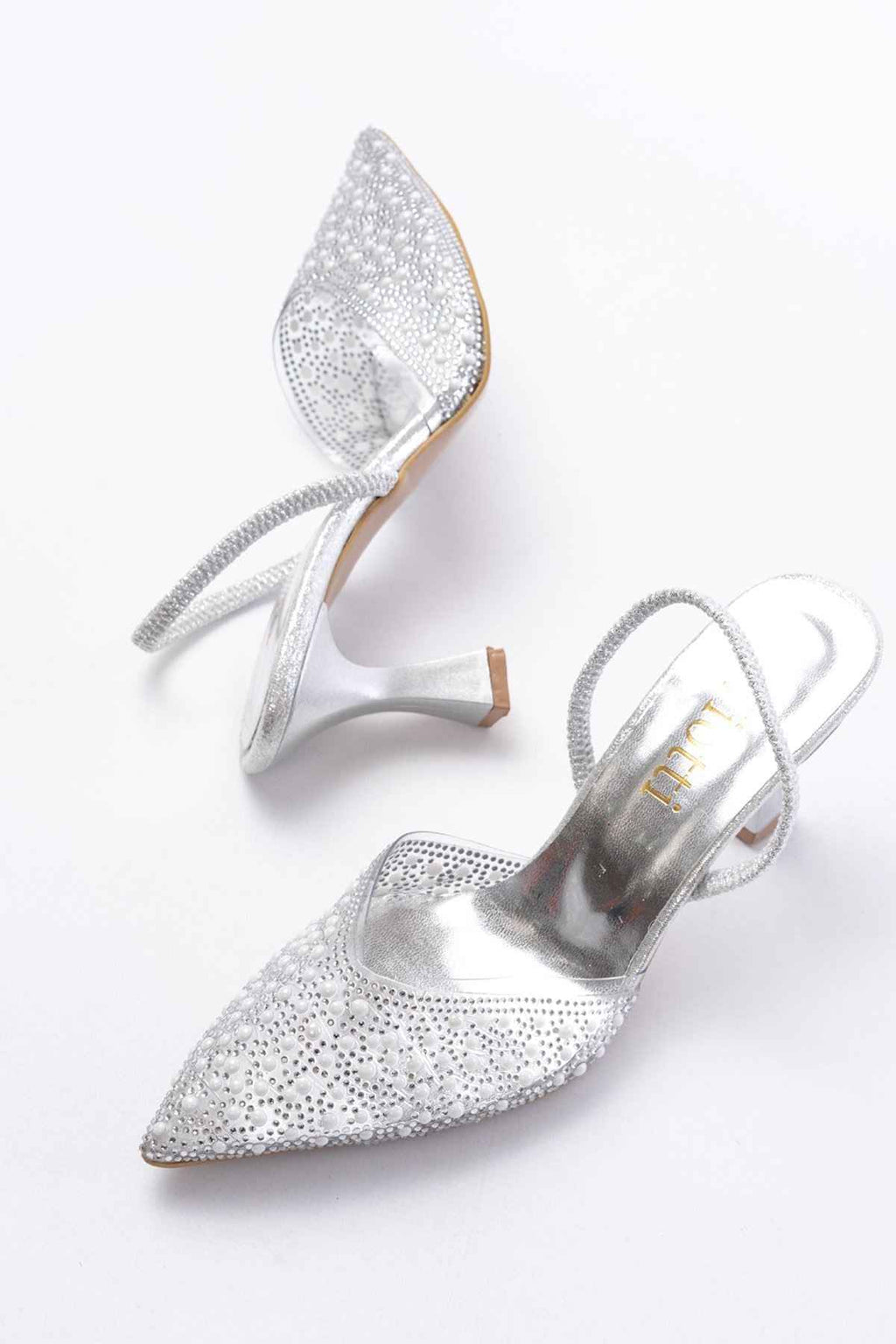 Ayakkabı Aşkı V-1005 Gümüş Günlük Arkası Açık Taşlı Topuklu Bayan Ayakkabı