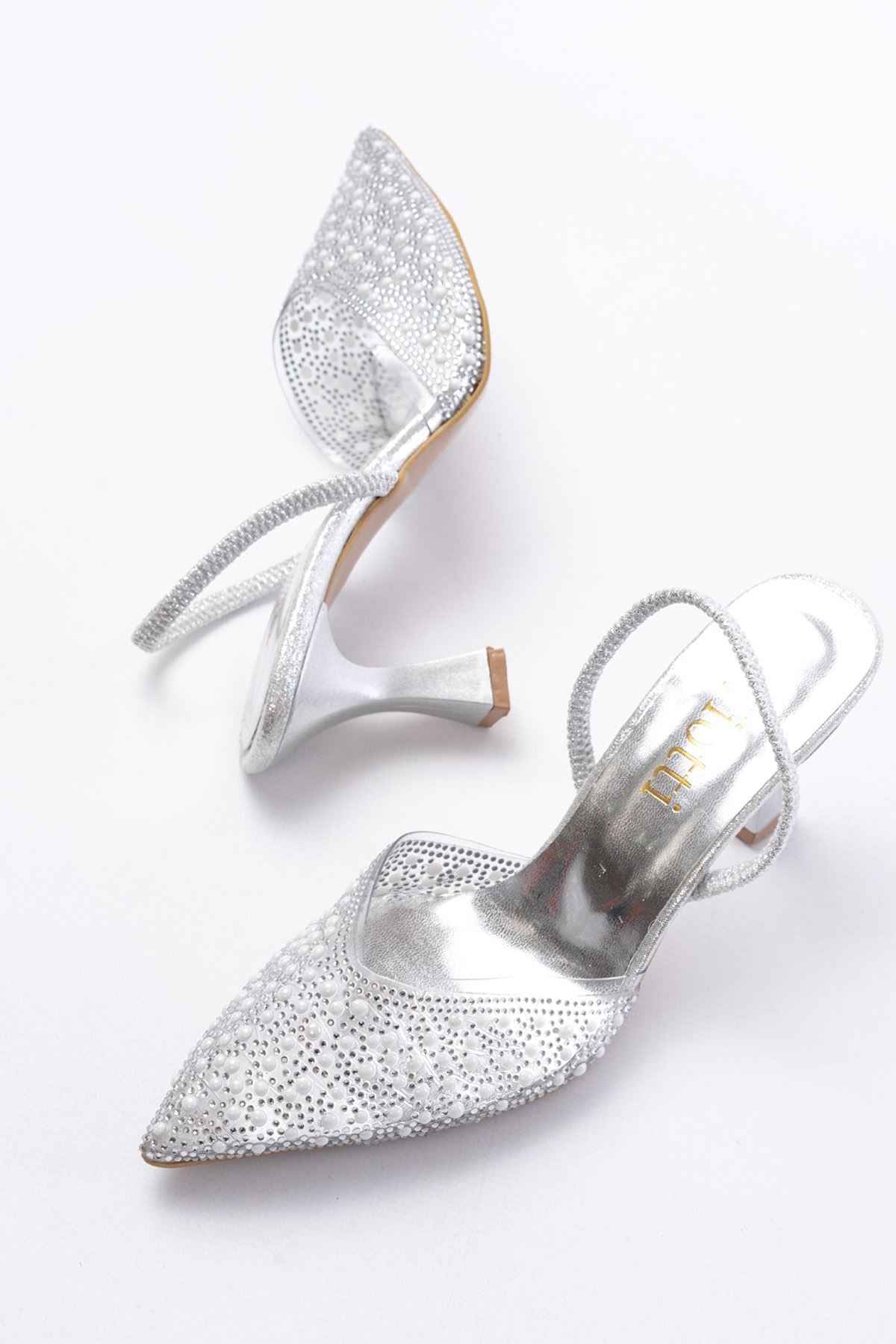 Ayakkabı Aşkı V-1005 Gümüş Günlük Arkası Açık Taşlı Topuklu Bayan Ayakkabı