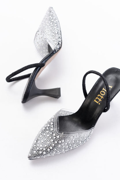 Ayakkabı Aşkı Siyah Günlük Arkası Açık Taşlı Topuklu Bayan Ayakkabı