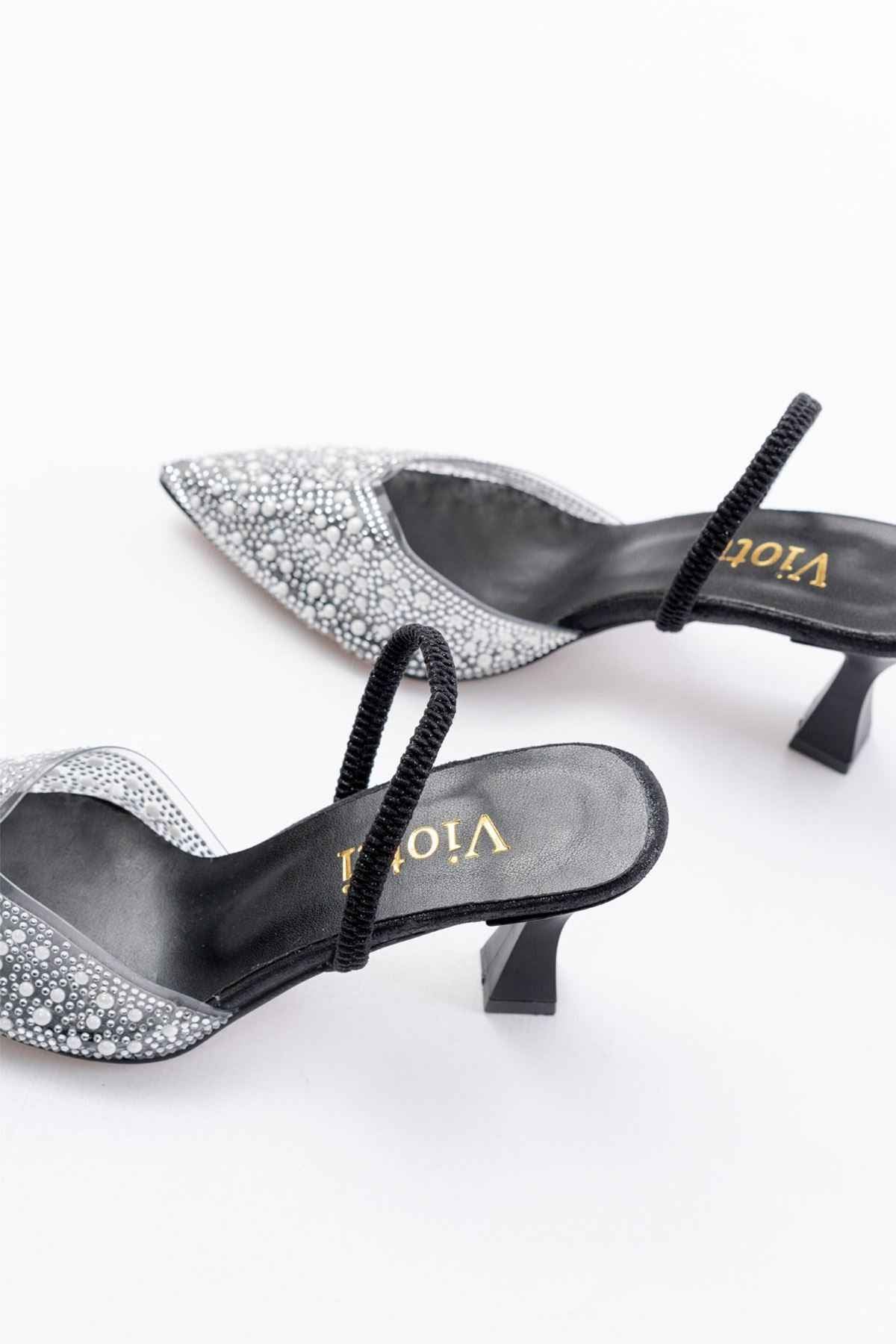 Ayakkabı Aşkı V-1005 Siyah Günlük Arkası Açık Taşlı Topuklu Bayan Ayakkabı