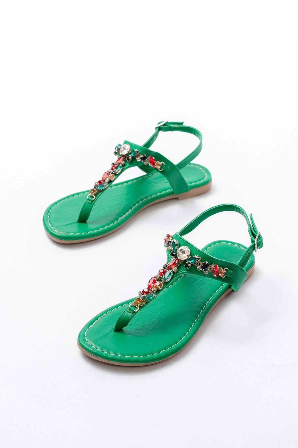 Ayakkabı Aşkı 152-1110 Çimen Yeşili Multi Taşlı Parmak Arası Kadın Sandalet