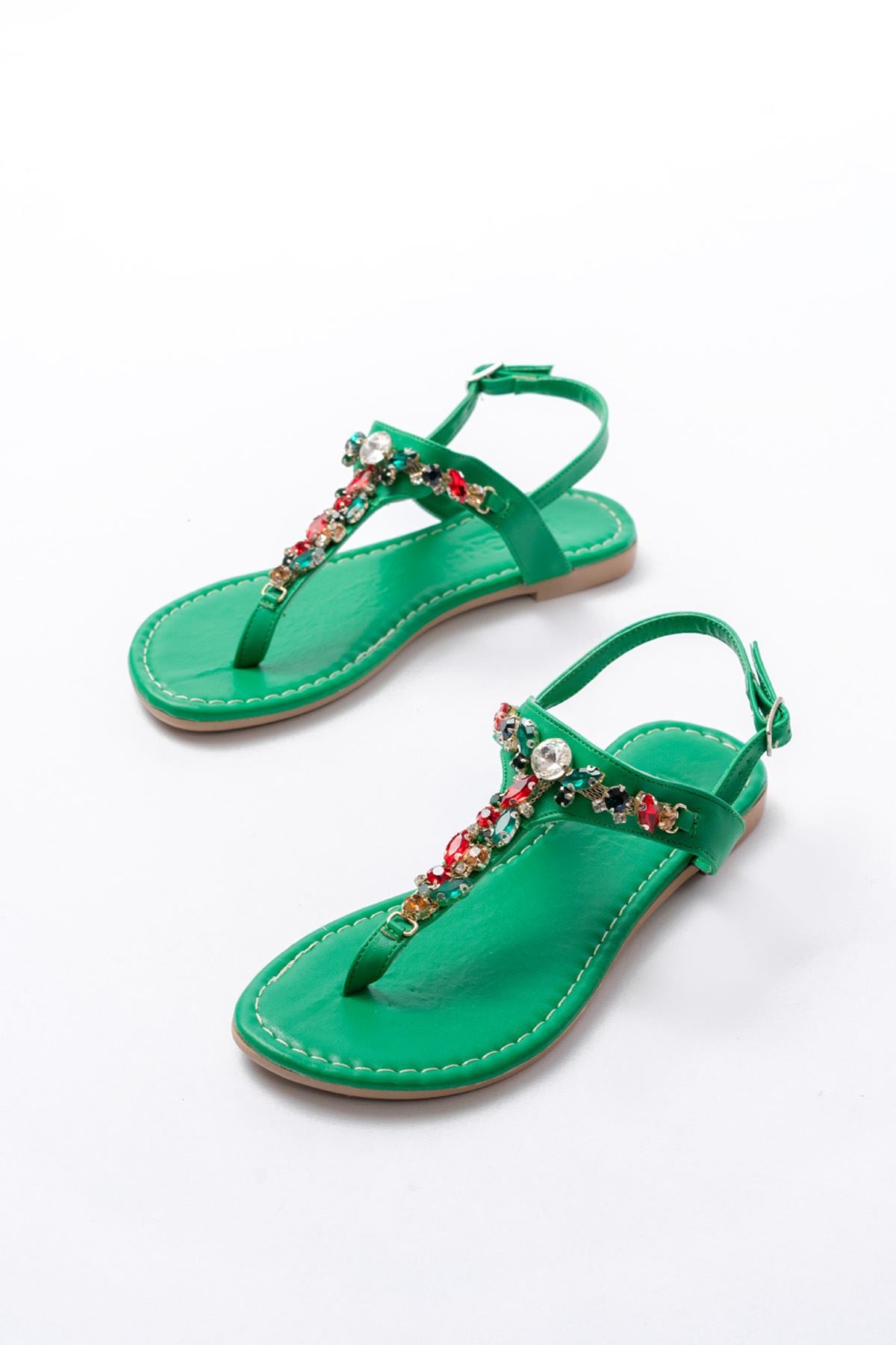 Ayakkabı Aşkı Çimen Yeşili Multi Taşlı Parmak Arası Kadın Sandalet - Ayakkabı Aşkı