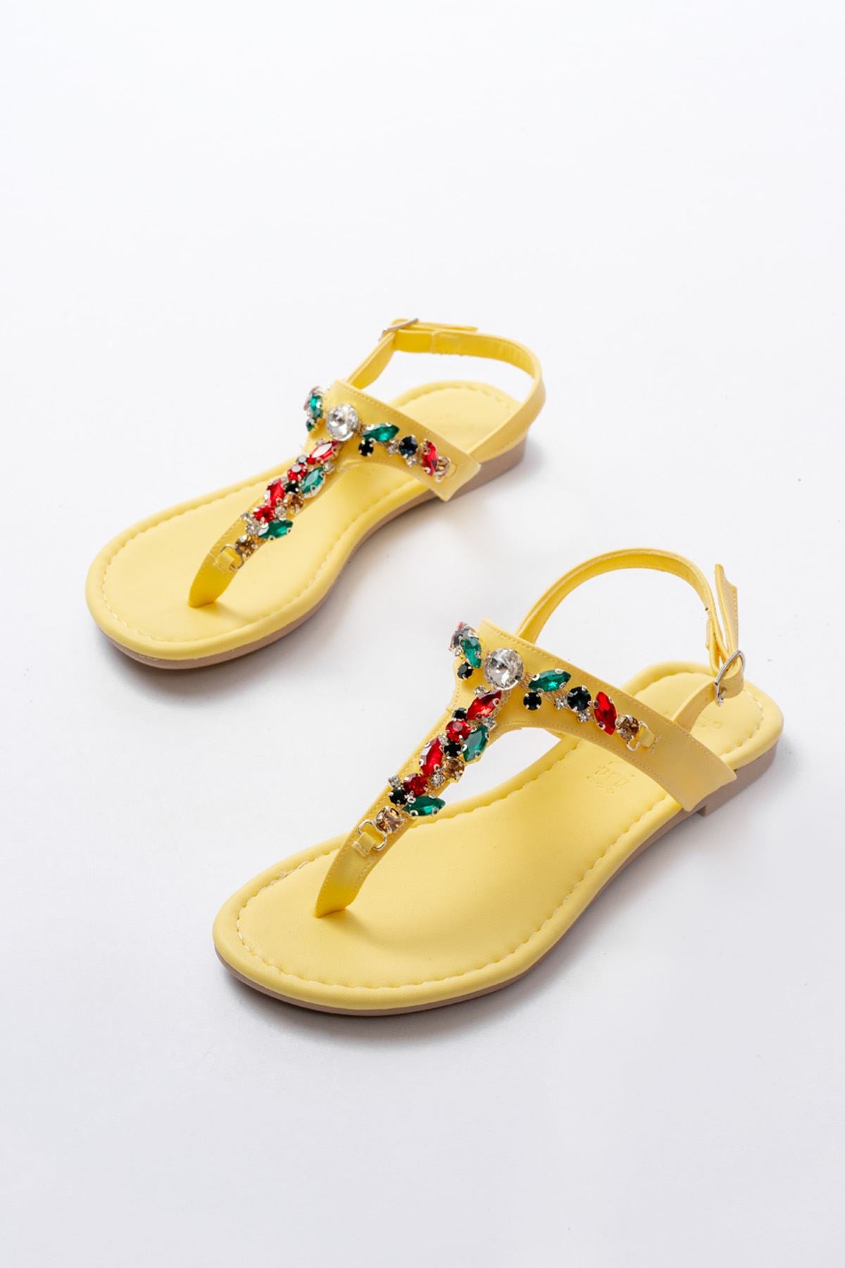 Ayakkabı Aşkı Sarı Multi Taşlı Parmak Arası Kadın Sandalet - Ayakkabı Aşkı