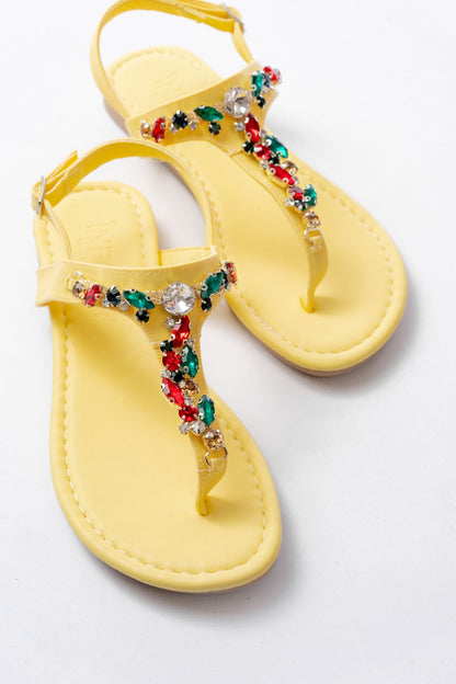 Ayakkabı Aşkı Sarı Multi Taşlı Parmak Arası Kadın Sandalet