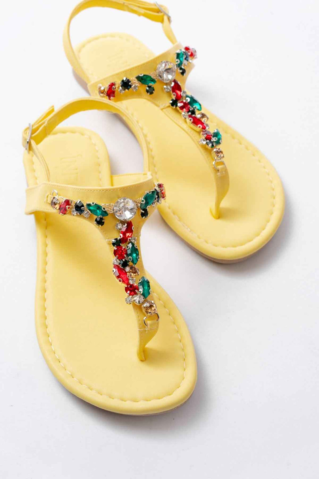 Ayakkabı Aşkı 152-1110 Sarı Multi Taşlı Parmak Arası Kadın Sandalet