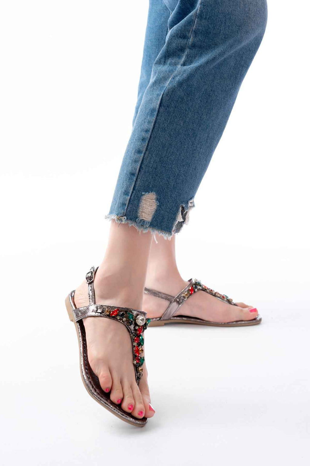 Ayakkabı Aşkı 152-1110 Platin Multi  Taşlı Parmak Arası Kadın Sandalet
