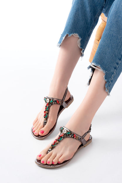 Ayakkabı Aşkı Platin Multi Taşlı Parmak Arası Kadın Sandalet