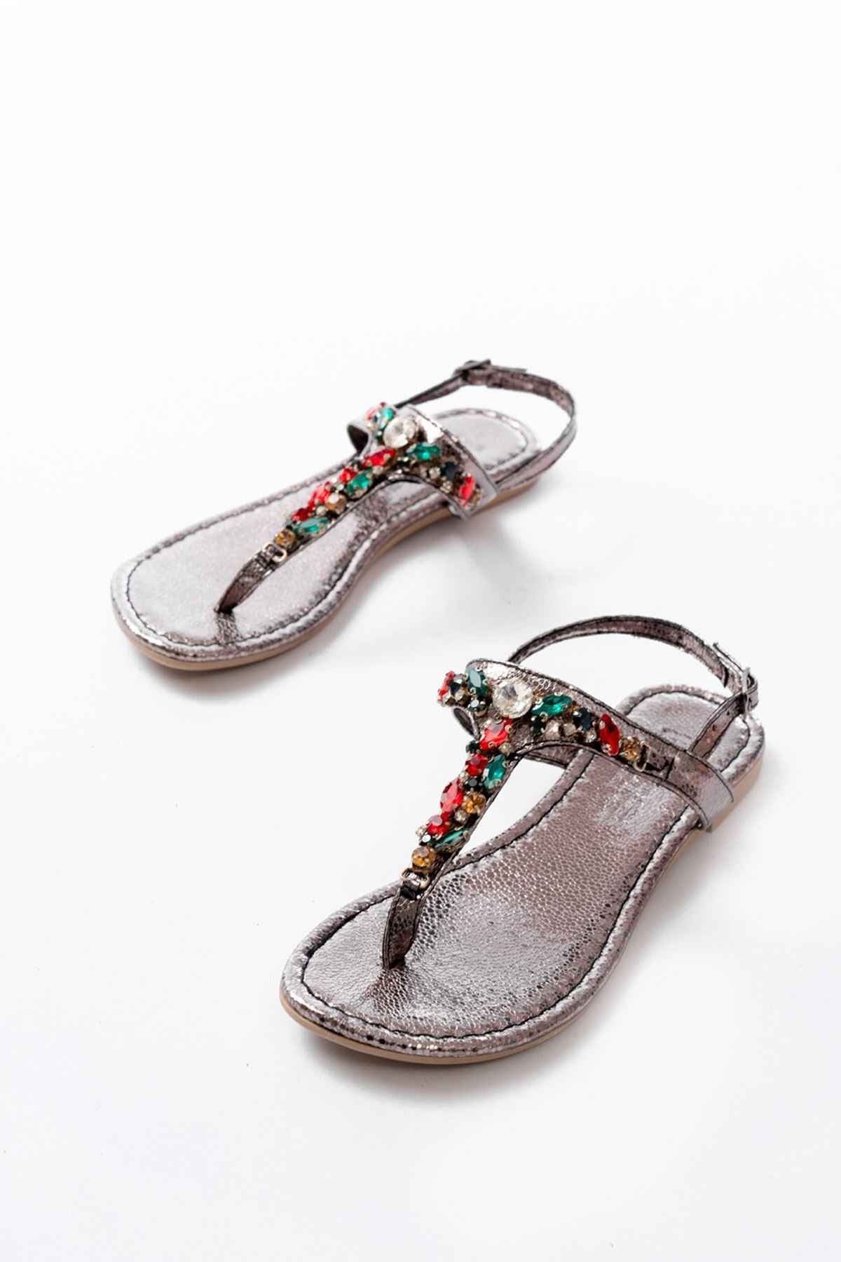 Ayakkabı Aşkı 152-1110 Platin Multi  Taşlı Parmak Arası Kadın Sandalet