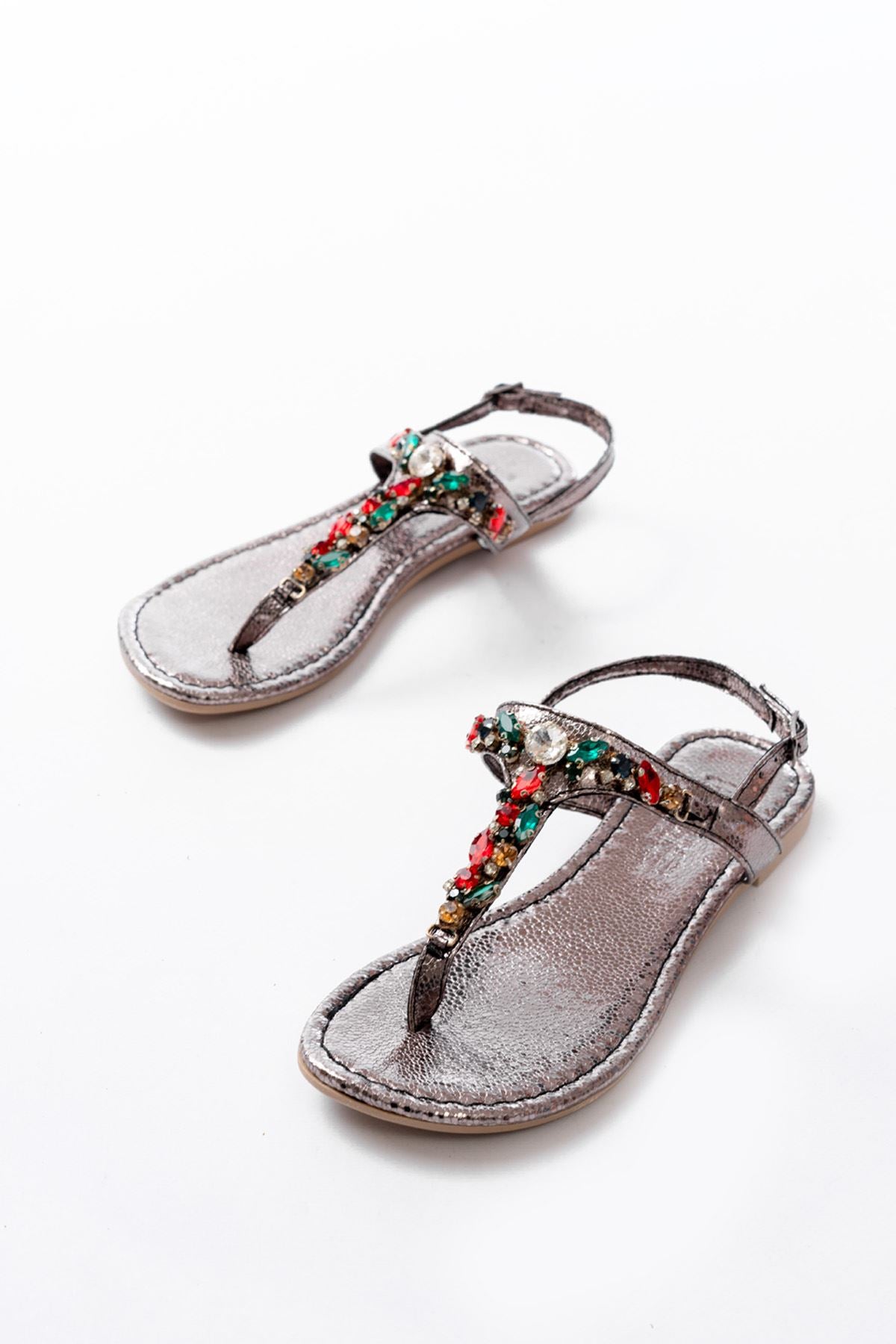 Ayakkabı Aşkı Platin Multi Taşlı Parmak Arası Kadın Sandalet - Ayakkabı Aşkı