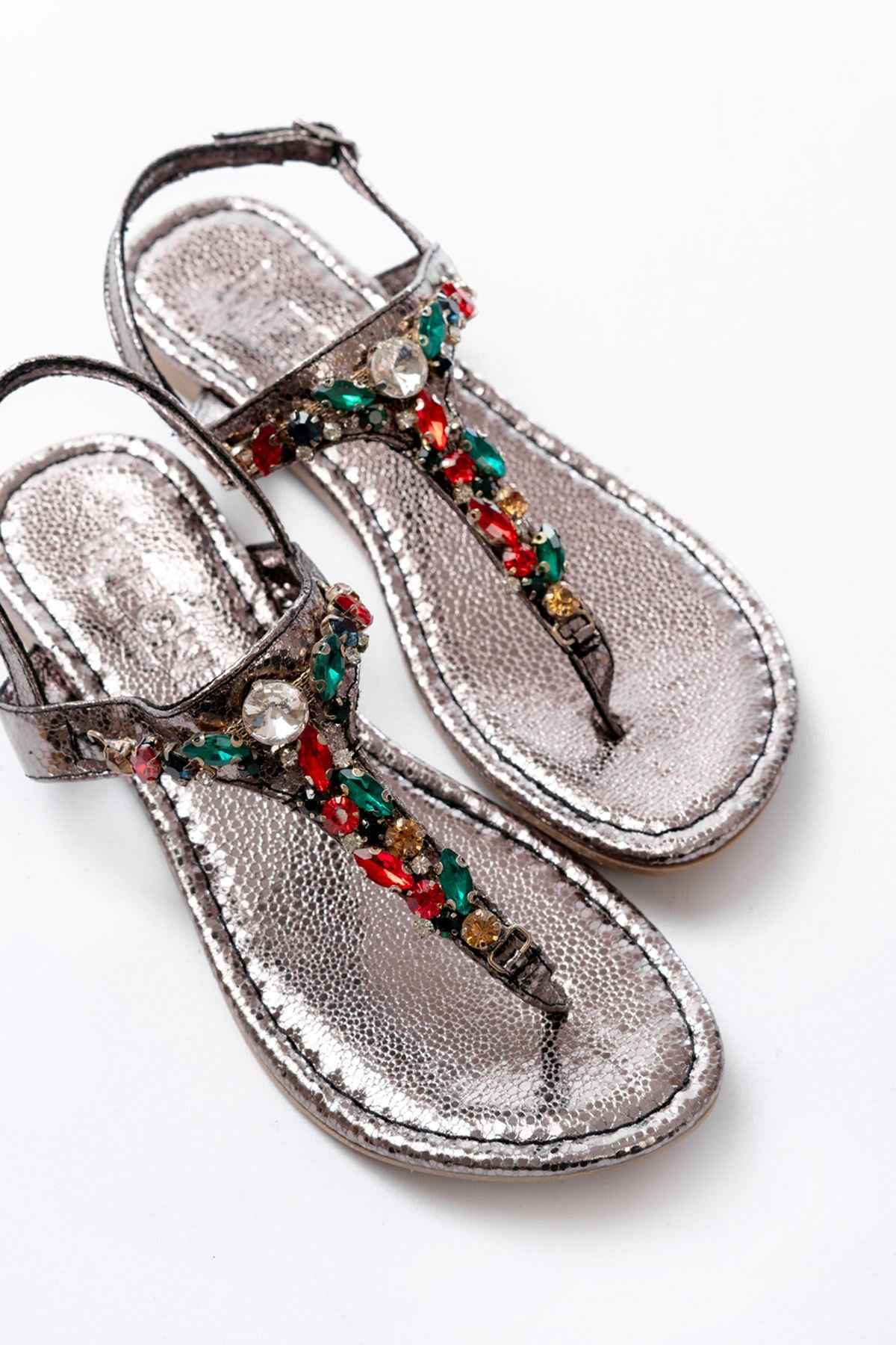 Ayakkabı Aşkı 152-1110 Platin Multi  Taşlı Parmak Arası Kadın Sandalet