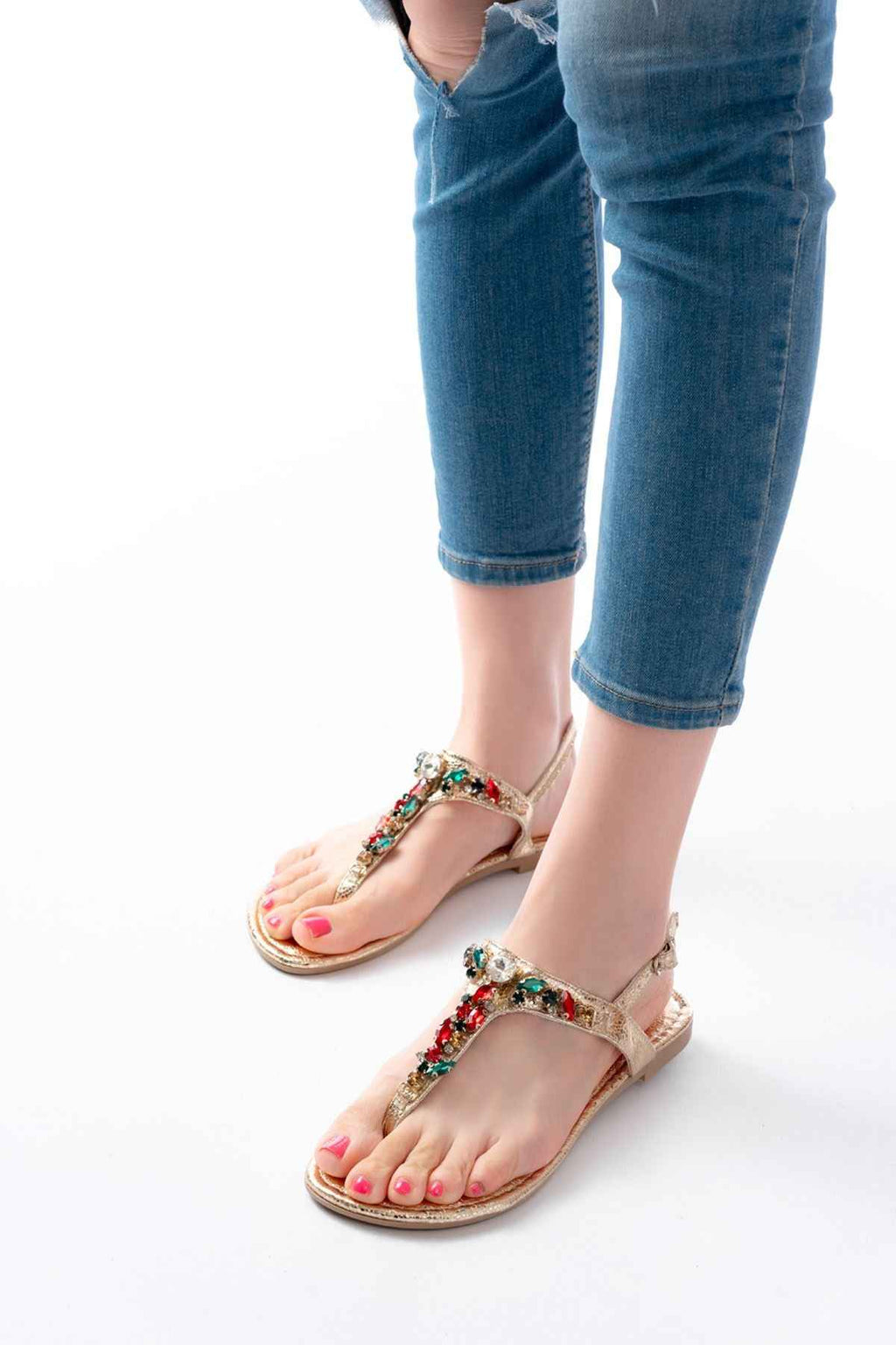 Ayakkabı Aşkı 152-1110 Gold Multi Cam Kırığı Taşlı Parmak Arası Kadın Sandalet
