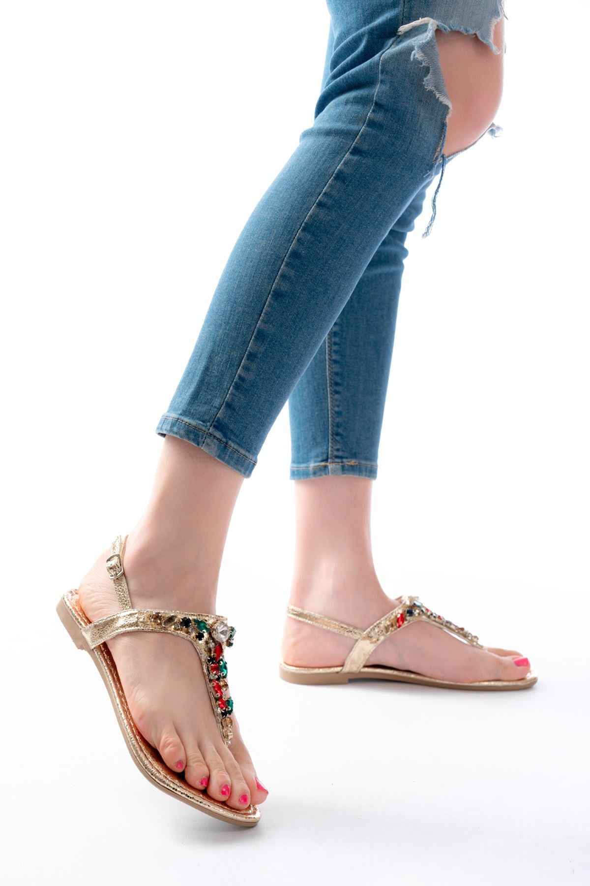 Ayakkabı Aşkı 152-1110 Gold Multi Cam Kırığı Taşlı Parmak Arası Kadın Sandalet